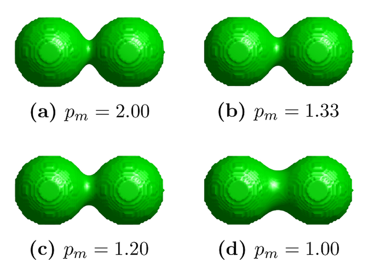 Diatom molecular surfaces generated with p-Laplace exponents 2.00, 1.33, 1.20 and 1.00